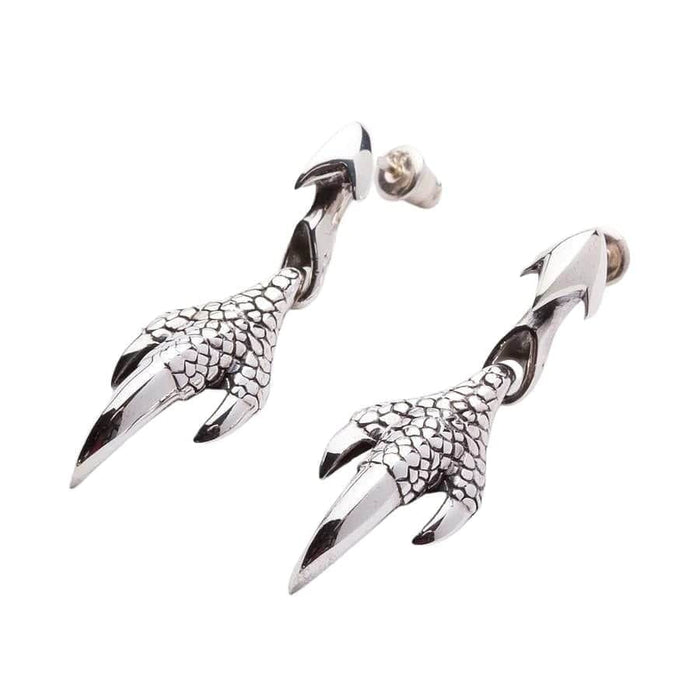 Sterling silver dragon claw drop earrings front view showing detailed scales and three talons
