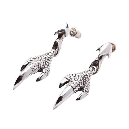 Sterling silver dragon claw drop earrings front view showing detailed scales and three talons