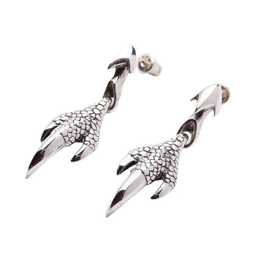 Sterling silver dragon claw drop earrings front view showing detailed scales and three talons