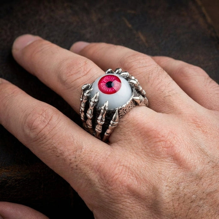 925 sterling silver red eyeball dragon claw ring worn on middle finger showing scale and fit