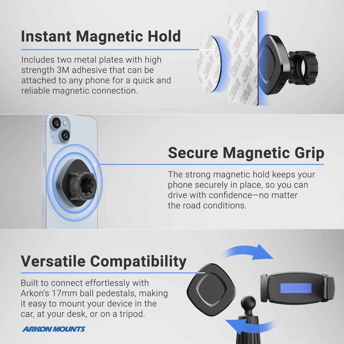 The Magnetic Phone Holder Mount for iPhone, Galaxy, and Note features strong 3M adhesive metal plates and offers instant magnetic hold with Arkon’s 17mm ball pedestals for secure use in your car, on your desk, or with a tripod.