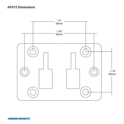 Technical diagram for Car Seat Rail or Floor Mount - 17mm Ball Compatible: rectangular plate (1.96 x 1.18) with four corner holes, two central slots (1.5 apart), fits 17mm ball end attachments.