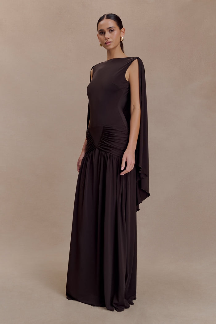 Emory Jersey Cape Maxi Dress - Chocolate