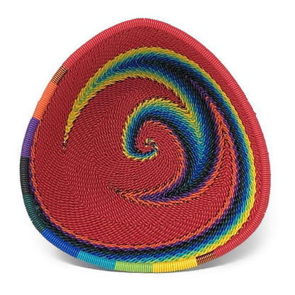 Fair Trade Zulu Handwoven Telephone Wire 4.25" Triangle Basket (Each One Varies), Red Rainbow