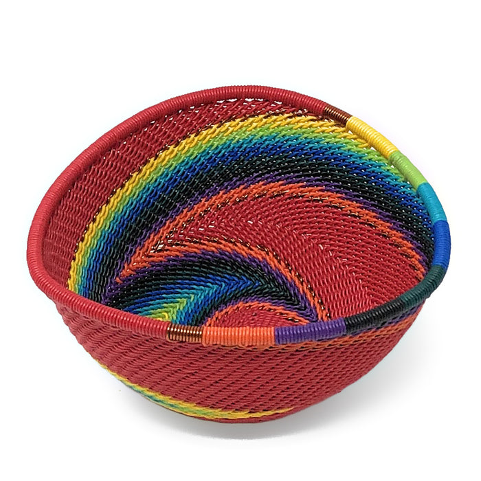Fair Trade Zulu Handwoven Telephone Wire 4.25" Triangle Basket (Each One Varies), Red Rainbow