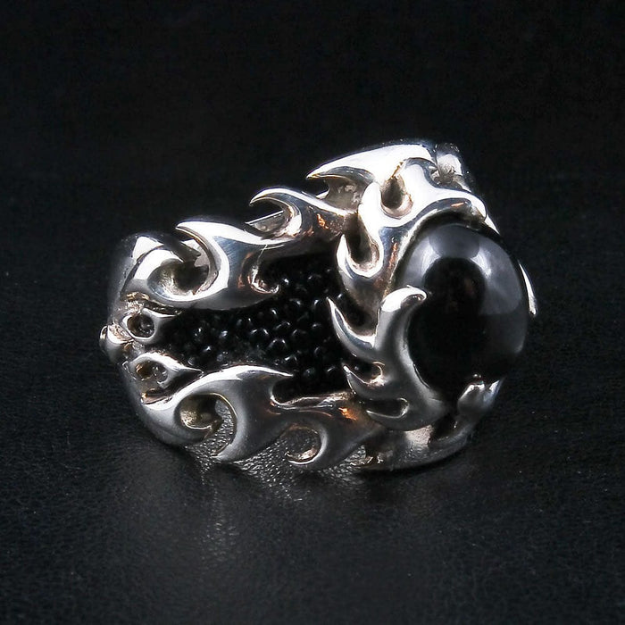Flame Stingray Inlaid Sterling Silver Biker Ring