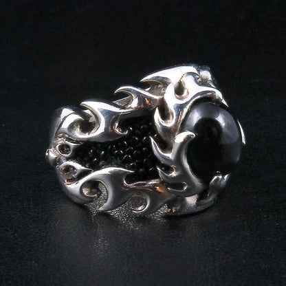 Flame Stingray Inlaid Sterling Silver Biker Ring