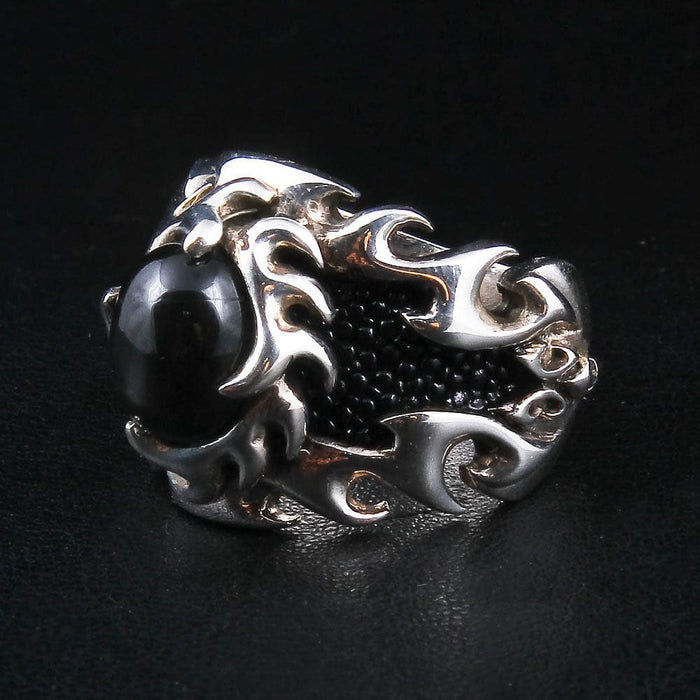 Flame Stingray Sterling Silver Biker Ring for Men