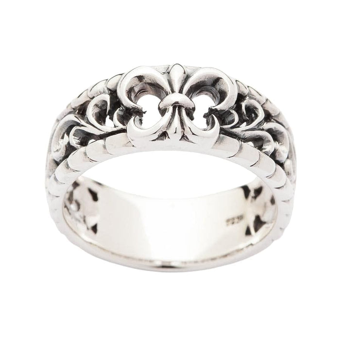 Front view of the Fleur De Lis silver band ring showing the intricate cut-out design.