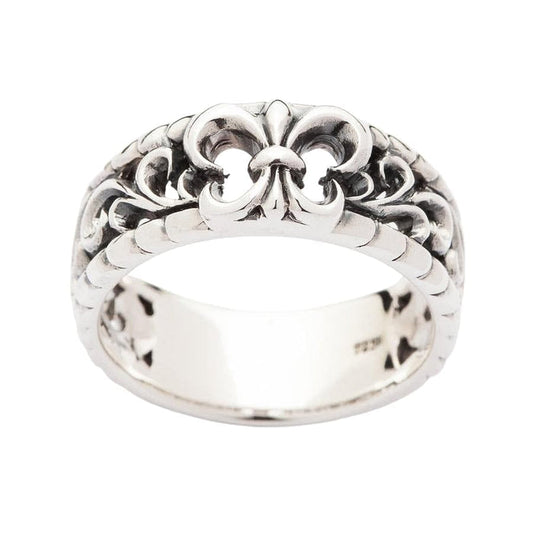 Front view of the Fleur De Lis silver band ring showing the intricate cut-out design.