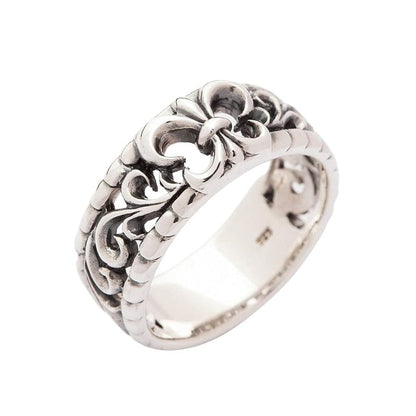 Angled view of the gothic silver ring highlighting the 10mm width and oxidized details.