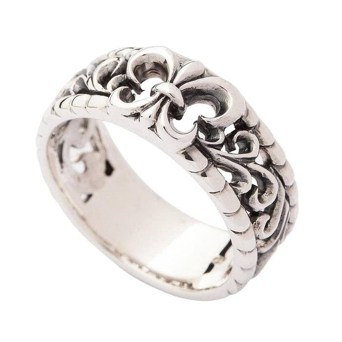 Side view of the openwork silver band ring displaying the continuous pattern.