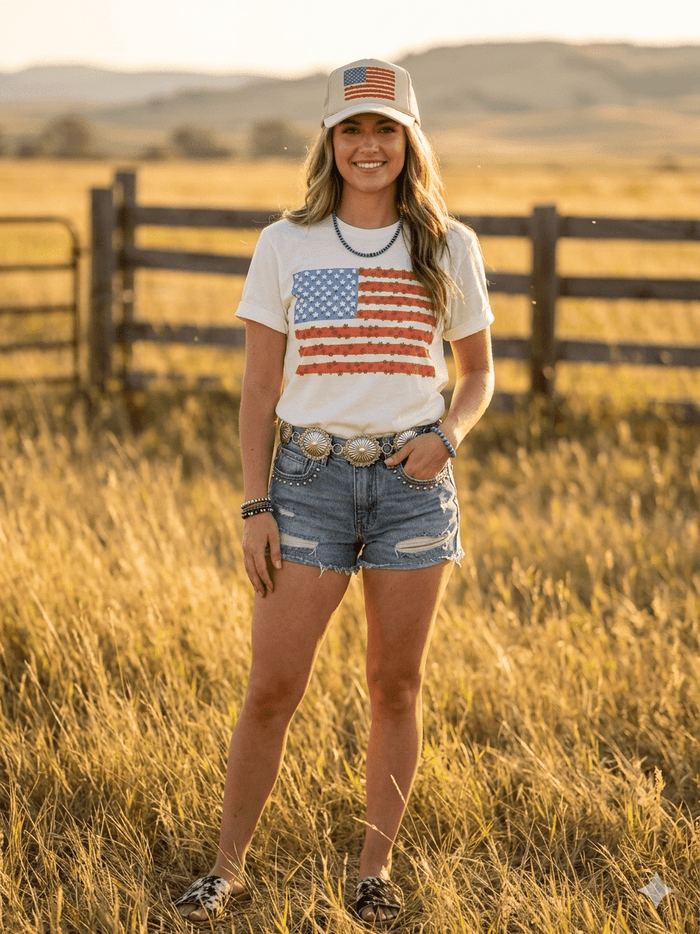 Floral American Flag Graphic TeeWhiteS