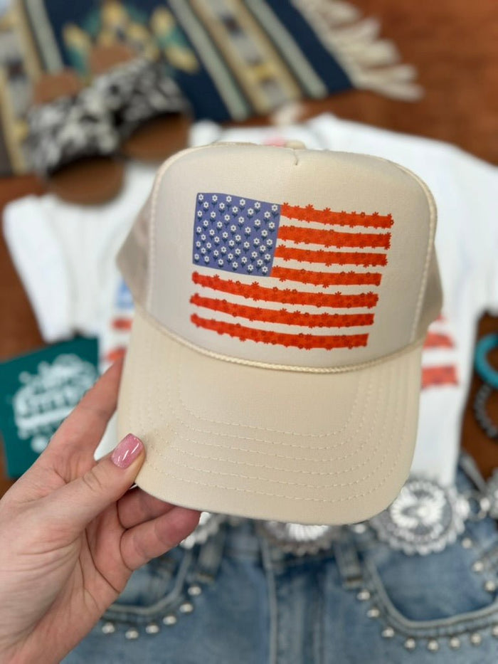 Floral American Flag Trucker HatKhaki