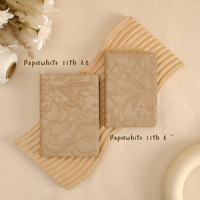 Floral Leather Kindle Case - Khaki