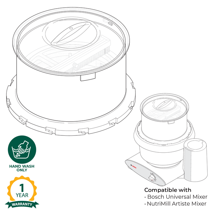 Technical illustration of the NutriMill flour sifter attached to the bosch universal plus mixer with warranty and care information