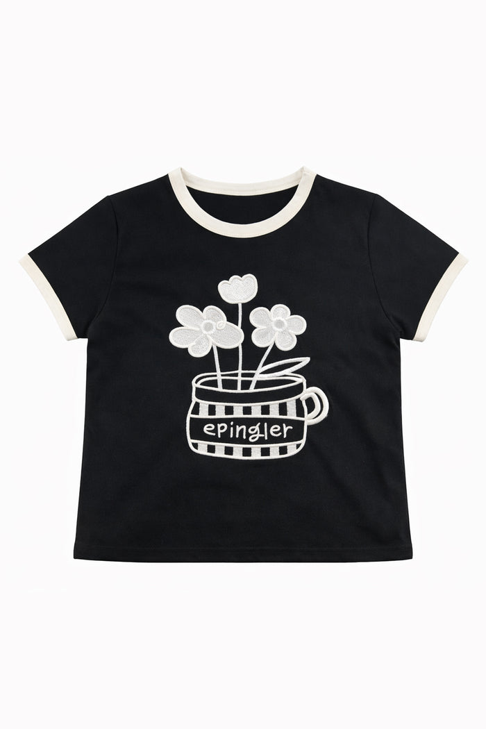 FLOWER EMBROIDERED T - BLACK