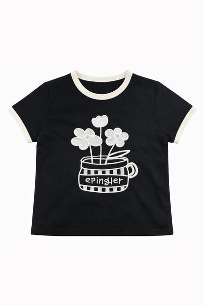 FLOWER EMBROIDERED T - BLACK