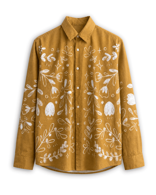 Flowerchild full sleeve shirt for men in ochre yellow Giza cotton, front view, with white botanical linework
