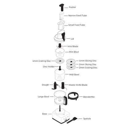 Technical illustration of the Magimix food processor and all of its parts