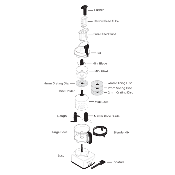 Technical diagram of the Magimix food processor and all of its parts