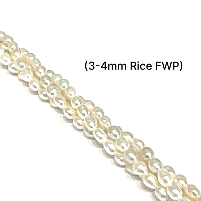 One white 3-4mm Rice Fresh Water Pearl, 16'' Pearl Strand