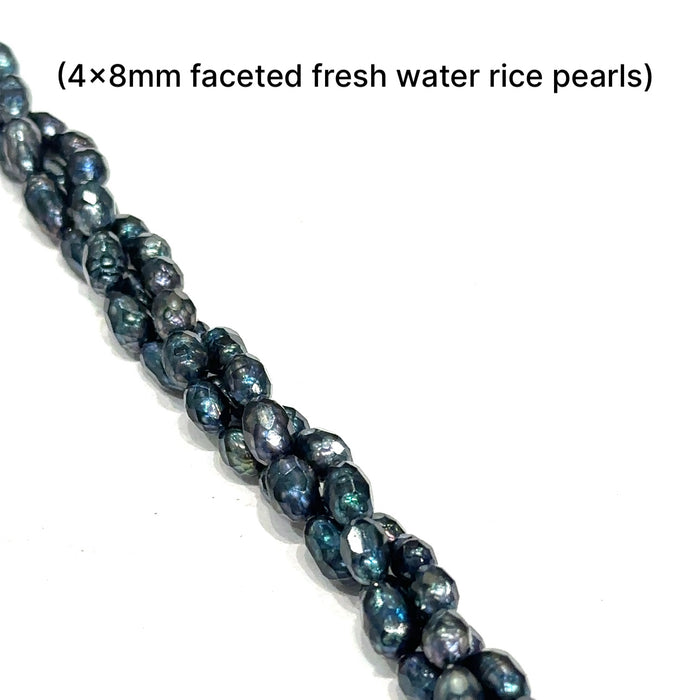 One Dark Blue 4x8mm faceted Fresh Water Rice Pearl, 16'' Pearl strand