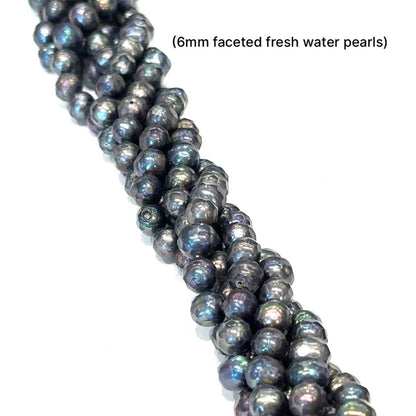One 6mm Peacock Purple faceted fresh water round pearl, 16'' strand