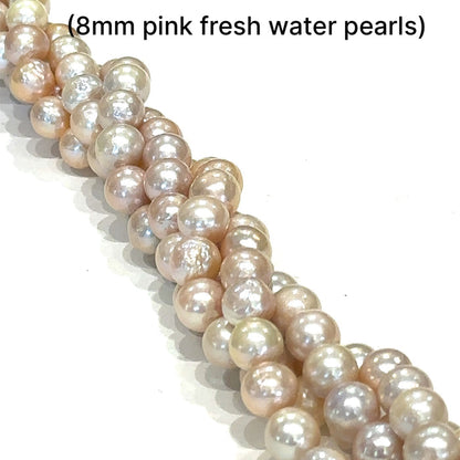 One 8mm Light Pink Akoya round Pearls, 16'' strand
