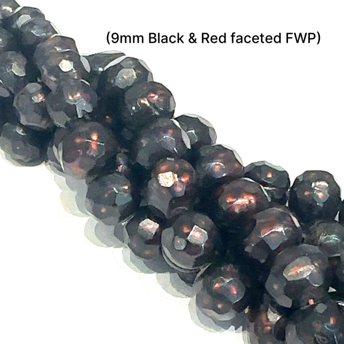 One 9mm Black & Red faceted Fresh Water Pearl 16'' strand