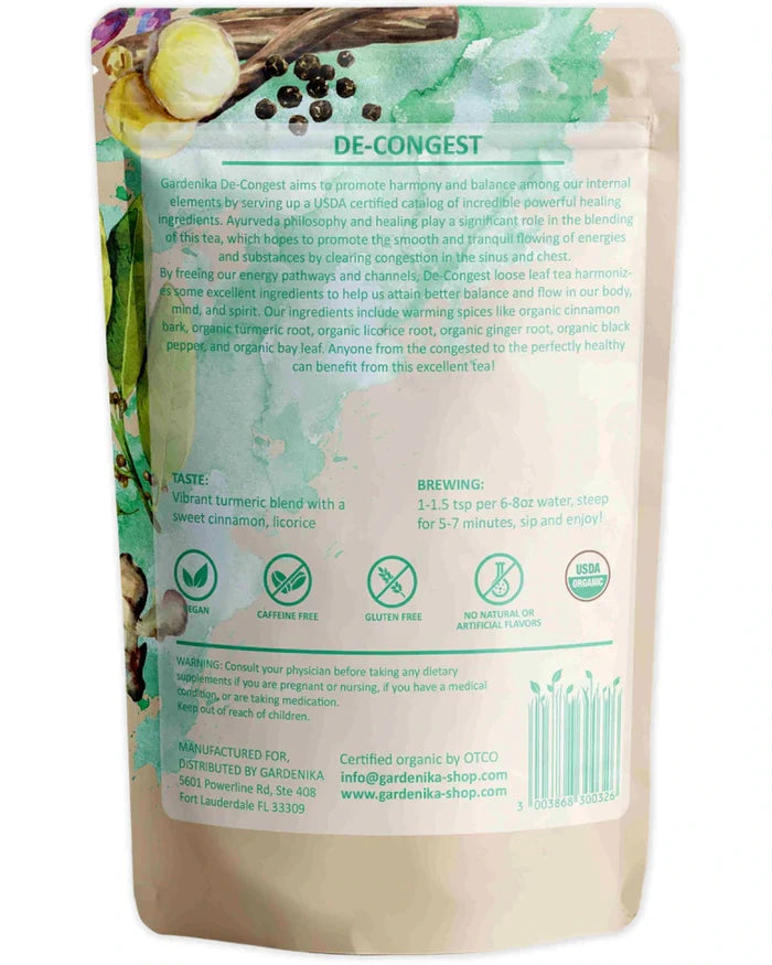 Gardenika De-Congest Loose Leaf Herbal Tea, USDA Organic, Caffeine Free - 4 oz (114g) -