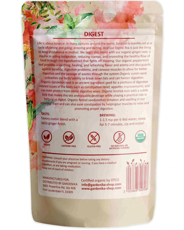 Gardenika Digest Loose Leaf Herbal Tea, USDA Organic, Caffeine Free - 4 oz (114g) -
