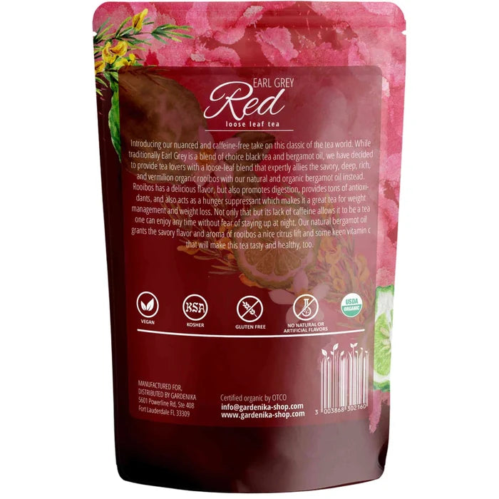 Gardenika Earl Grey Red Tea, Loose Leaf, USDA Organic, Caffeine Free, 55+ Cups – 4 Oz (113g) -