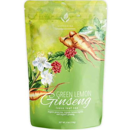 Gardenika Green Lemon Ginseng Tea, Loose Leaf, USDA Organic, 55+ Cups – 4 Oz (113g) -