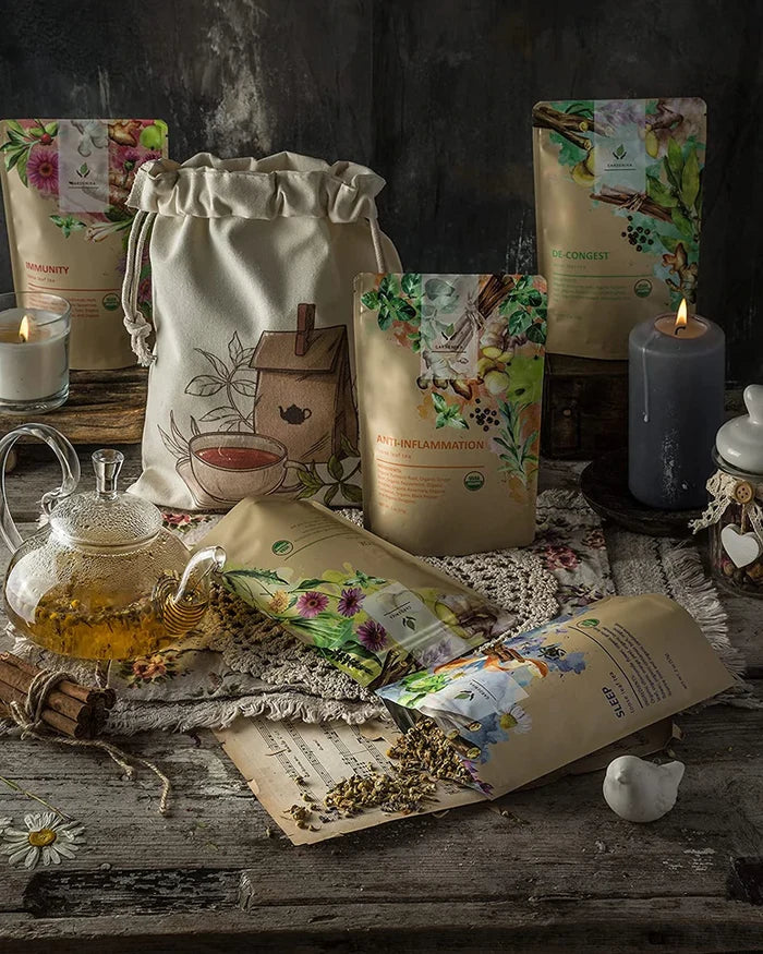 Gardenika Loose Leaf Herbal Tea Gift Sampler, USDA Organic, Caffeine Free, 120+ Cups – 5 Pack -