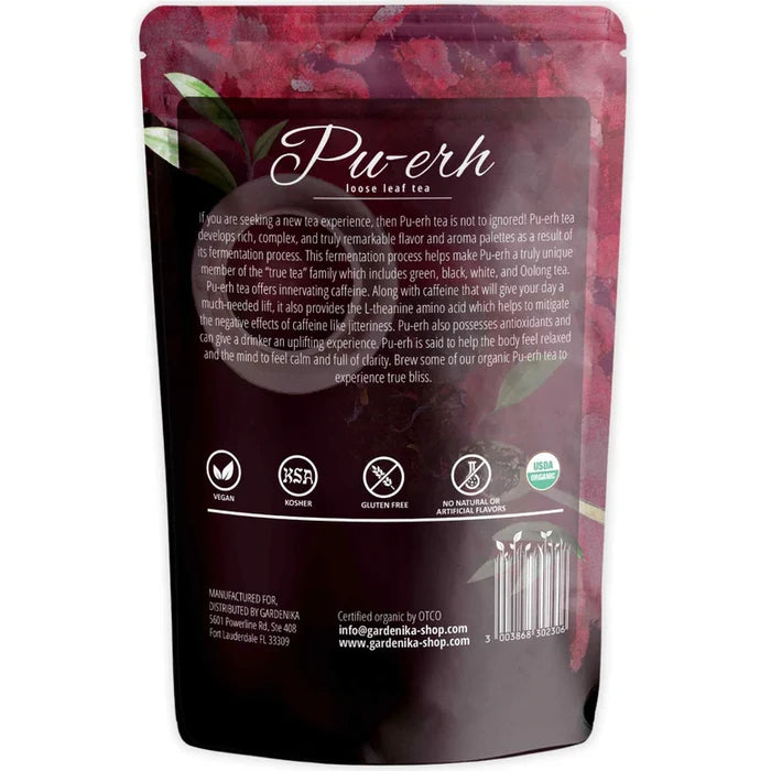 Gardenika Pu-erh Tea, Loose Leaf, USDA Organic, Chinese Black, 55+ Cups – 4 Oz (113g) -