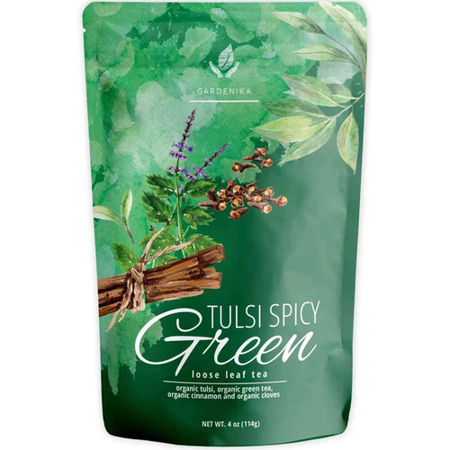 Gardenika Tulsi Spicy Green Tea, Loose Leaf, USDA Organic, 55+ Cups – 4 Oz (113g) -