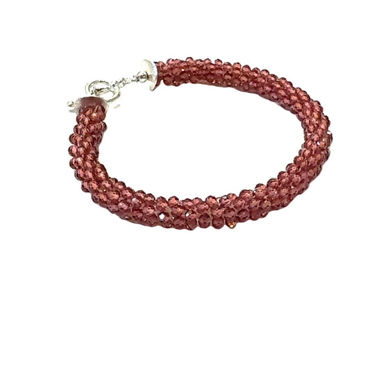 Garnet Crocheted Gemstone Bracelet 2mm Faceted Round Gemstones, Sterling Silver Toggle Clasp, 6.75 Inches, Handmade in Boston's South End, Reiki-Charged