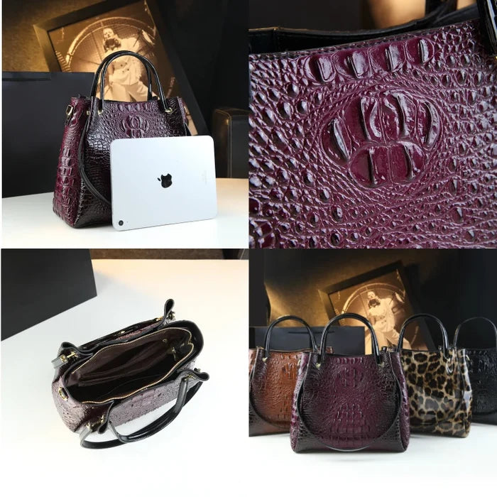 Collage of a purple crocodile bucket tote genuine leather vintage urban organization FTF Market UK