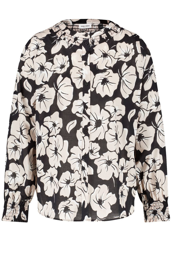 Gerry Weber 360021-31418 Black Ecru White Flower Print Round Neck Blouse - Dotique
