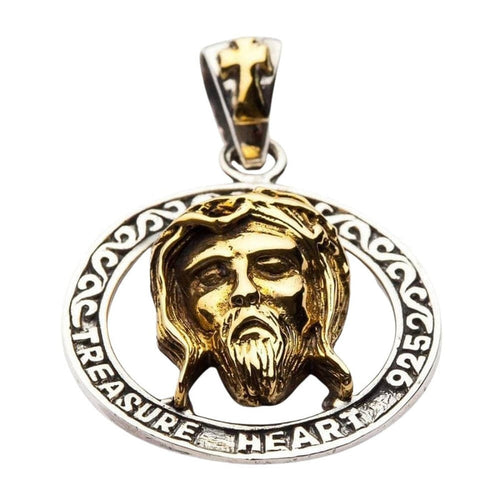 925 sterling silver Jesus face pendant with 14K gold-plated crown of thorns front view showing Treasure Heart 925 inscription