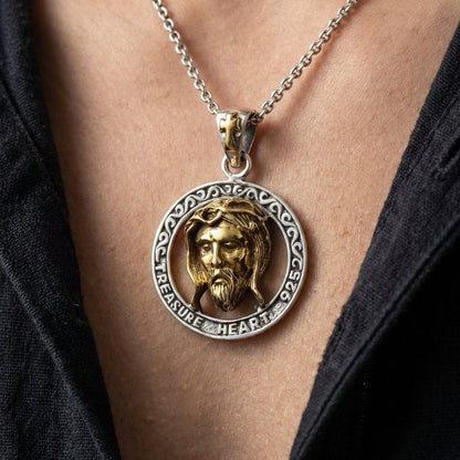 Man wearing 925 sterling silver Jesus face pendant with gold plating on silver chain lifestyle photo