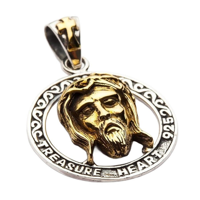 14K gold-plated Jesus pendant with crown of thorns in 925 sterling silver circular frame angled right view