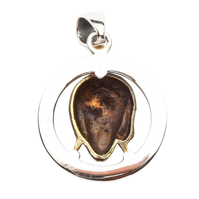 Back view of 925 sterling silver Jesus face pendant showing hollow reverse and smooth silver circle frame