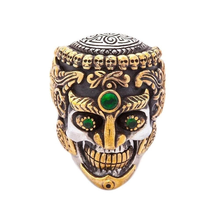 A men's Kapala spiritual ring in a biker style, featuring a crown of skulls and a third eye.