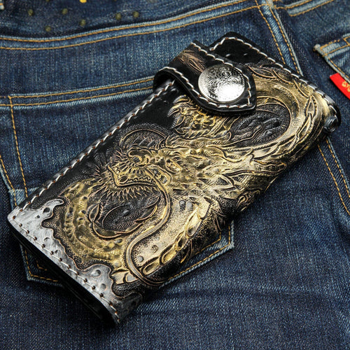 Golden Emperor Dragon Leather Biker Wallet
