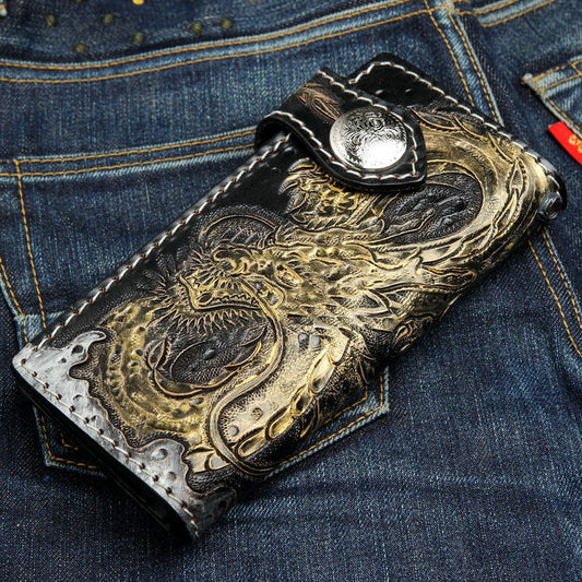 Golden Emperor Dragon Leather Biker Wallet