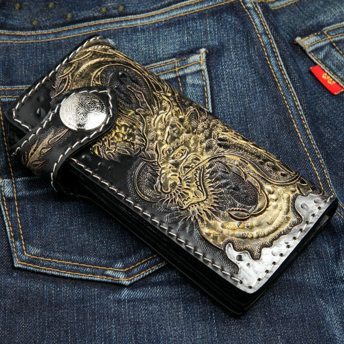 golden dragon leather biker wallet for men