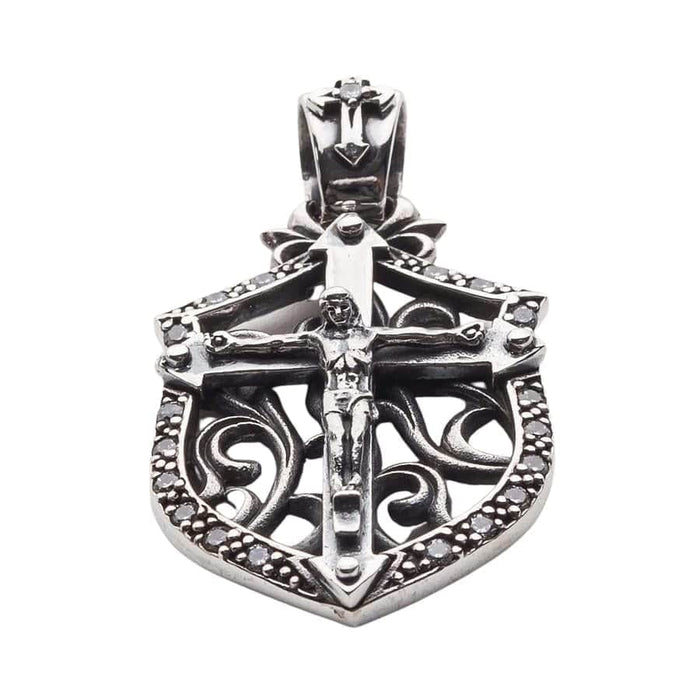 Front view of the Gothic Shield Cross Pendant featuring clear stone accents