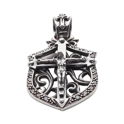 Front view of the Gothic Shield Cross Pendant featuring clear stone accents